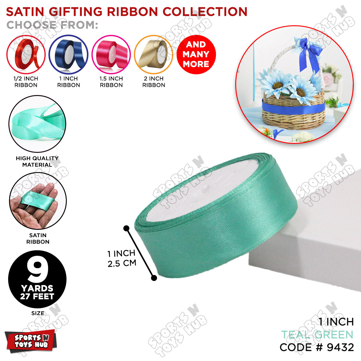 1 Inch x 9 Yards – Multi-Purpose Plain Satin Ribbon Roll for Gift Wrapping, Crafts & Decor