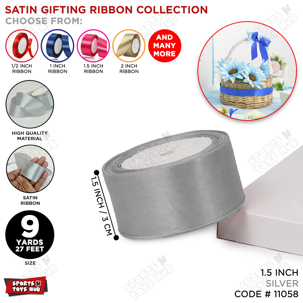 1.5 Inch x 9 Yards – Plain Satin Ribbon Roll for Ribbon Flowers, Crafts, Gift Wrapping & Decor