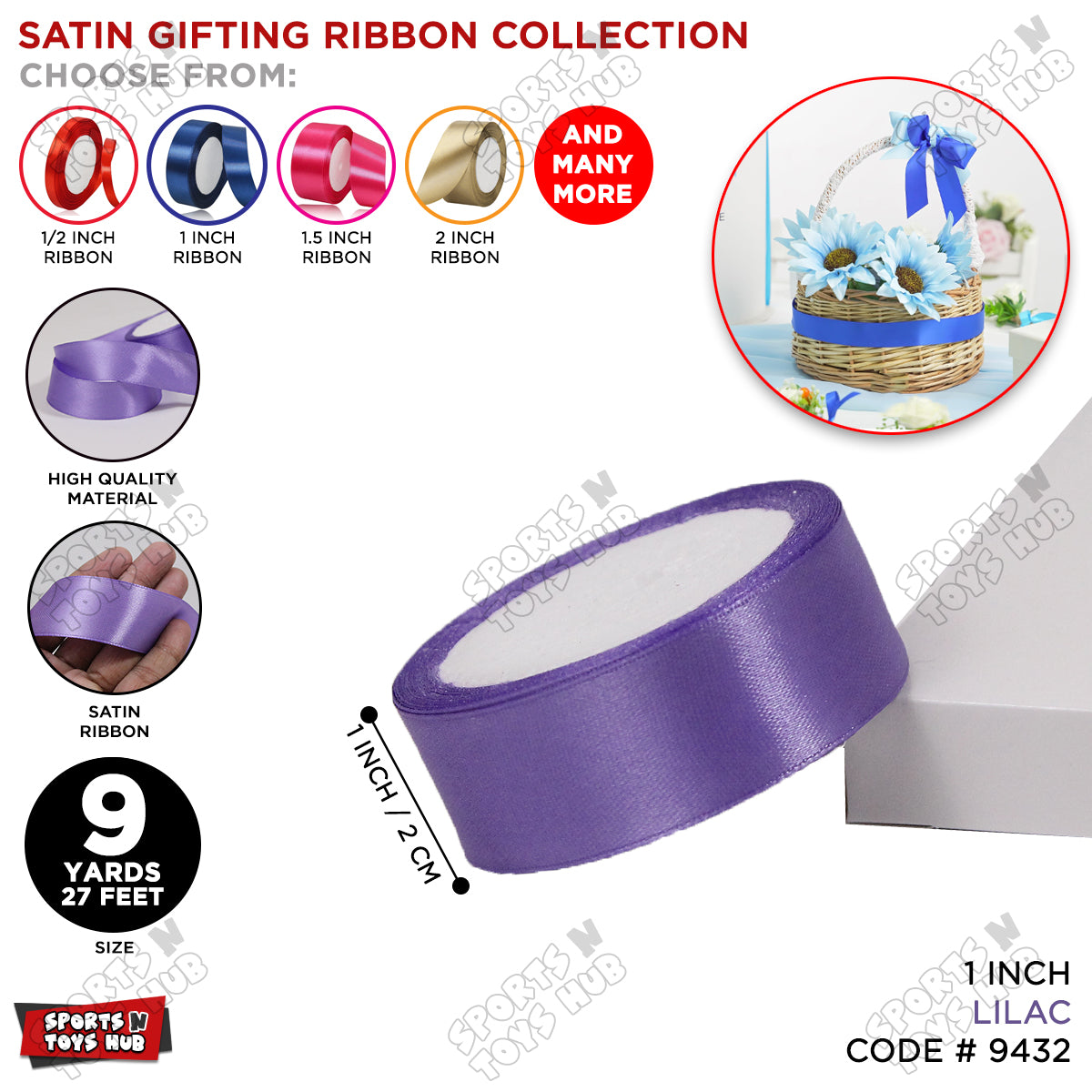 1 Inch x 9 Yards – Multi-Purpose Plain Satin Ribbon Roll for Gift Wrapping, Crafts & Decor