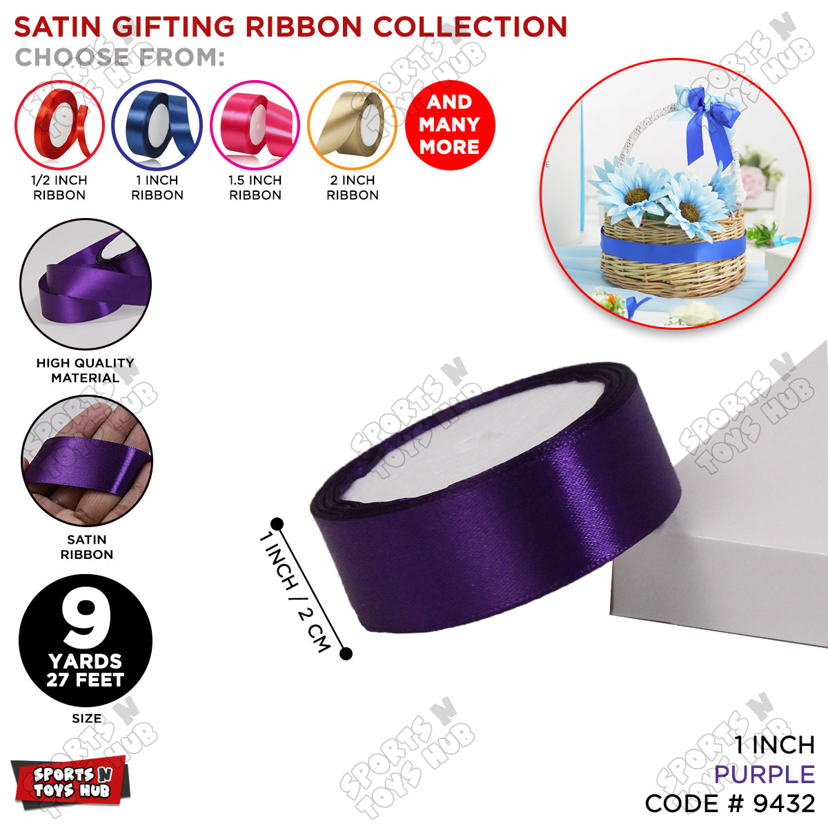 1 Inch x 9 Yards – Multi-Purpose Plain Satin Ribbon Roll for Gift Wrapping, Crafts & Decor