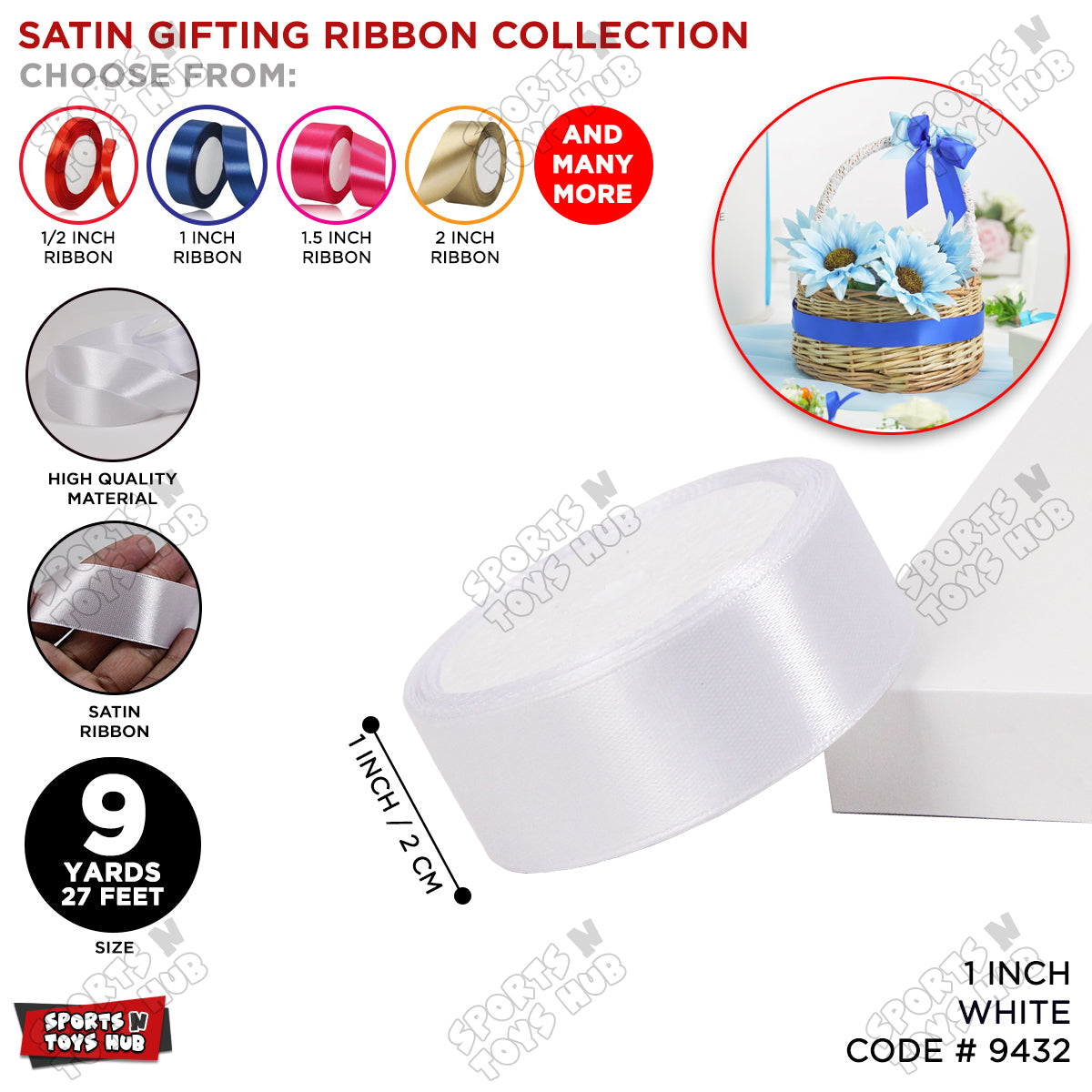 1 Inch x 9 Yards – Multi-Purpose Plain Satin Ribbon Roll for Gift Wrapping, Crafts & Decor