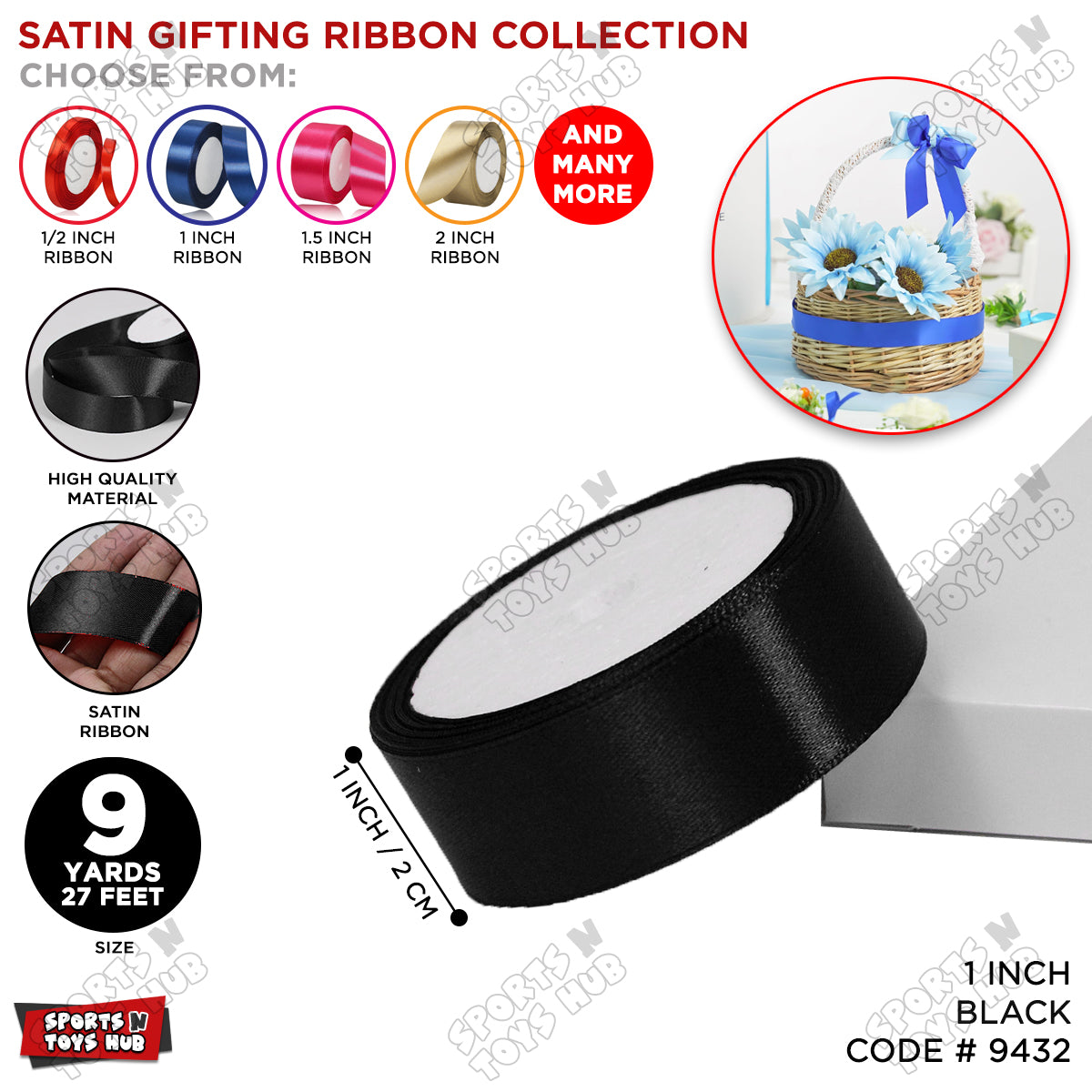 1 Inch x 9 Yards – Multi-Purpose Plain Satin Ribbon Roll for Gift Wrapping, Crafts & Decor