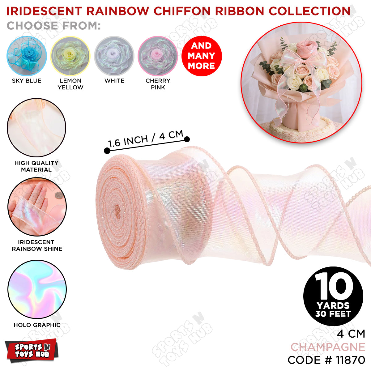 Iridescent Rainbow Ribbon – 4CM x 10 Yards Shimmering Holographic Decorative Ribbon for Gift Wrapping, Birthday Party Decorations, Wedding Decor, Floral Bouquets, DIY Crafts & Event Supplies