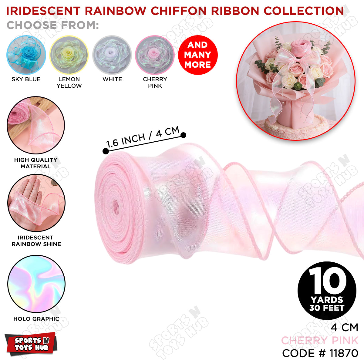 Iridescent Rainbow Ribbon – 4CM x 10 Yards Shimmering Holographic Decorative Ribbon for Gift Wrapping, Birthday Party Decorations, Wedding Decor, Floral Bouquets, DIY Crafts & Event Supplies