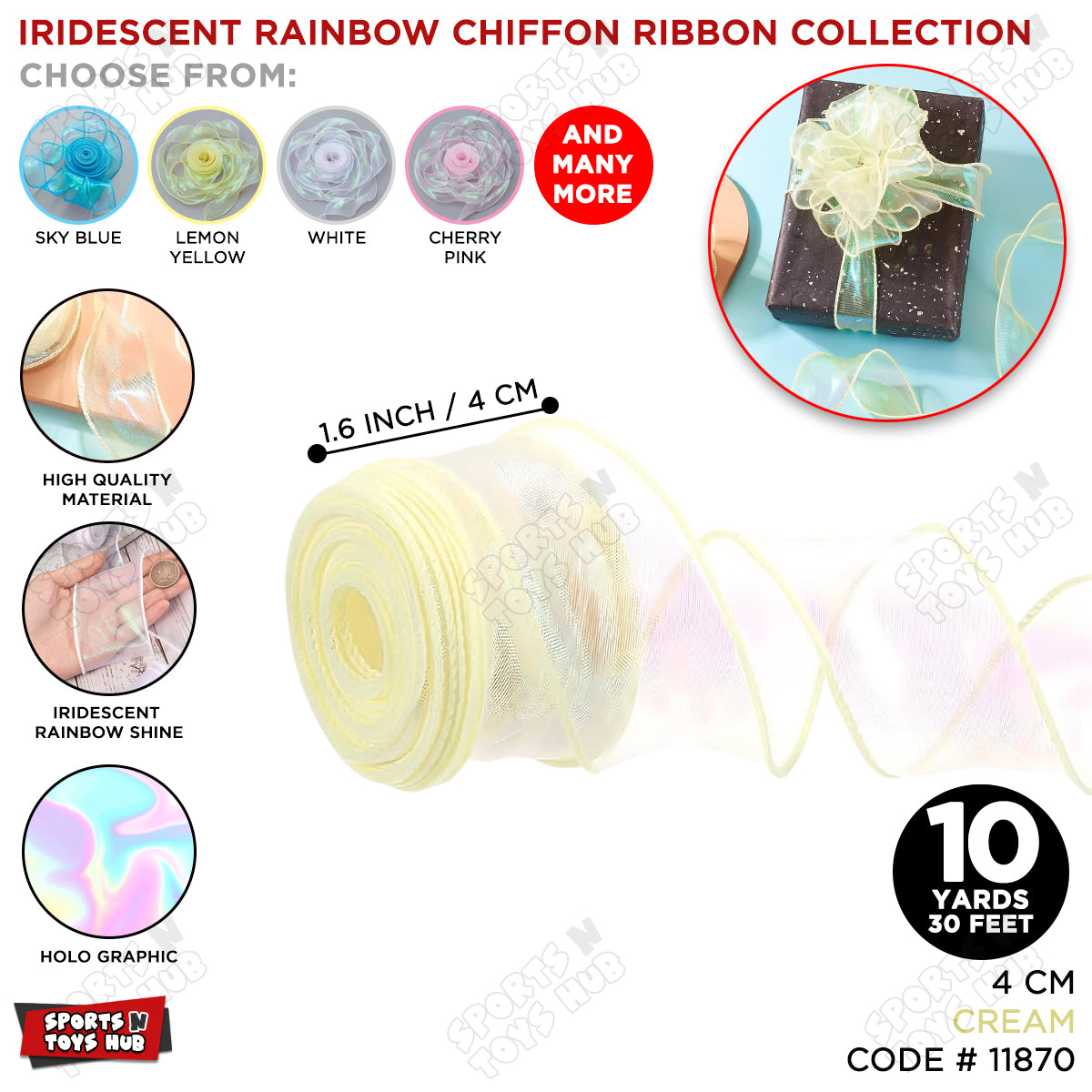 Iridescent Rainbow Ribbon – 4CM x 10 Yards Shimmering Holographic Decorative Ribbon for Gift Wrapping, Birthday Party Decorations, Wedding Decor, Floral Bouquets, DIY Crafts & Event Supplies