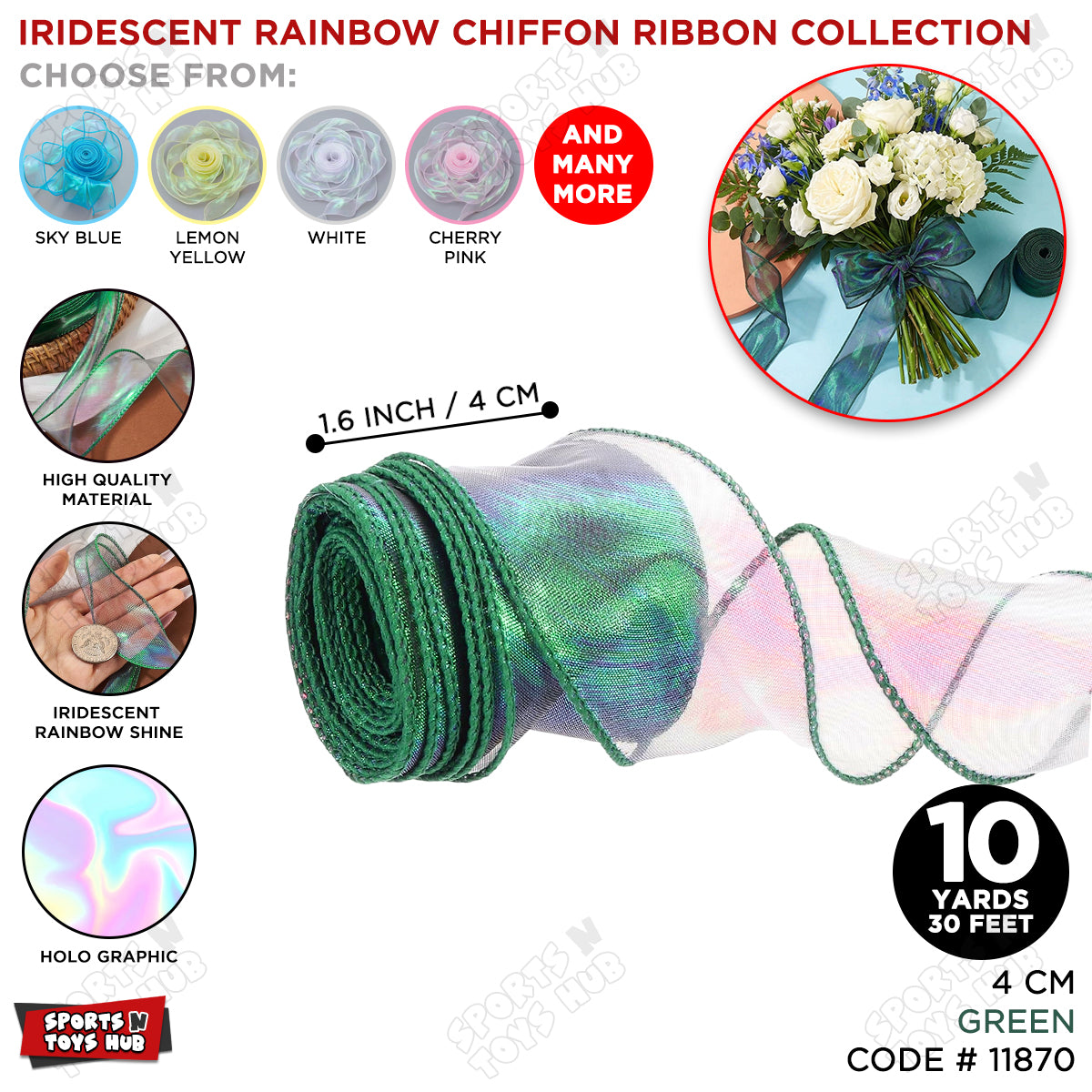 4CM x 10 Yards Sheer Iridescent Rainbow Ribbon – Shimmering Holographic Decorative Ribbon for Gift Wrapping, Birthday Party Decorations, Wedding Decor, Floral Bouquets, DIY Crafts & Event Supplies