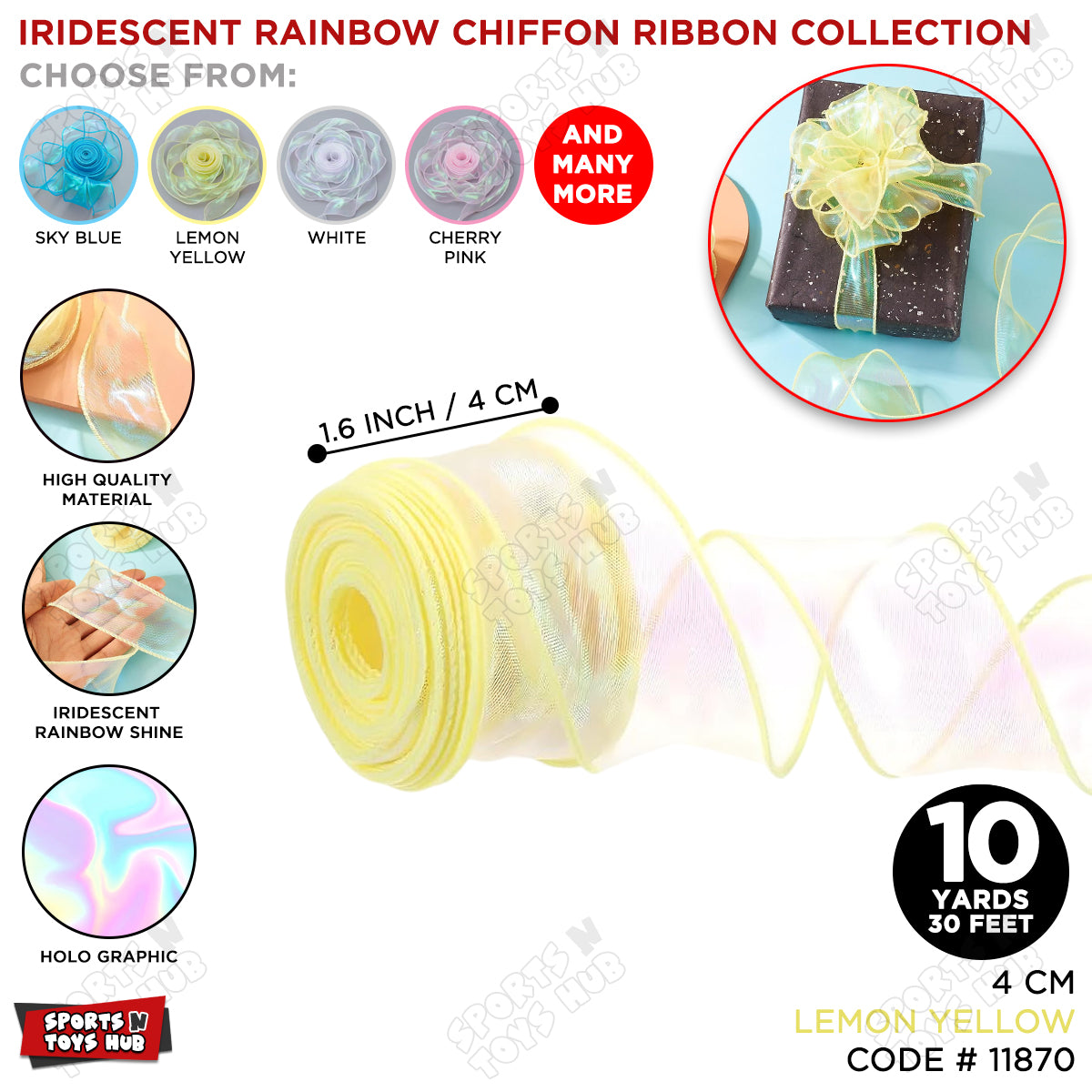 Iridescent Rainbow Ribbon – 4CM x 10 Yards Shimmering Holographic Decorative Ribbon for Gift Wrapping, Birthday Party Decorations, Wedding Decor, Floral Bouquets, DIY Crafts & Event Supplies