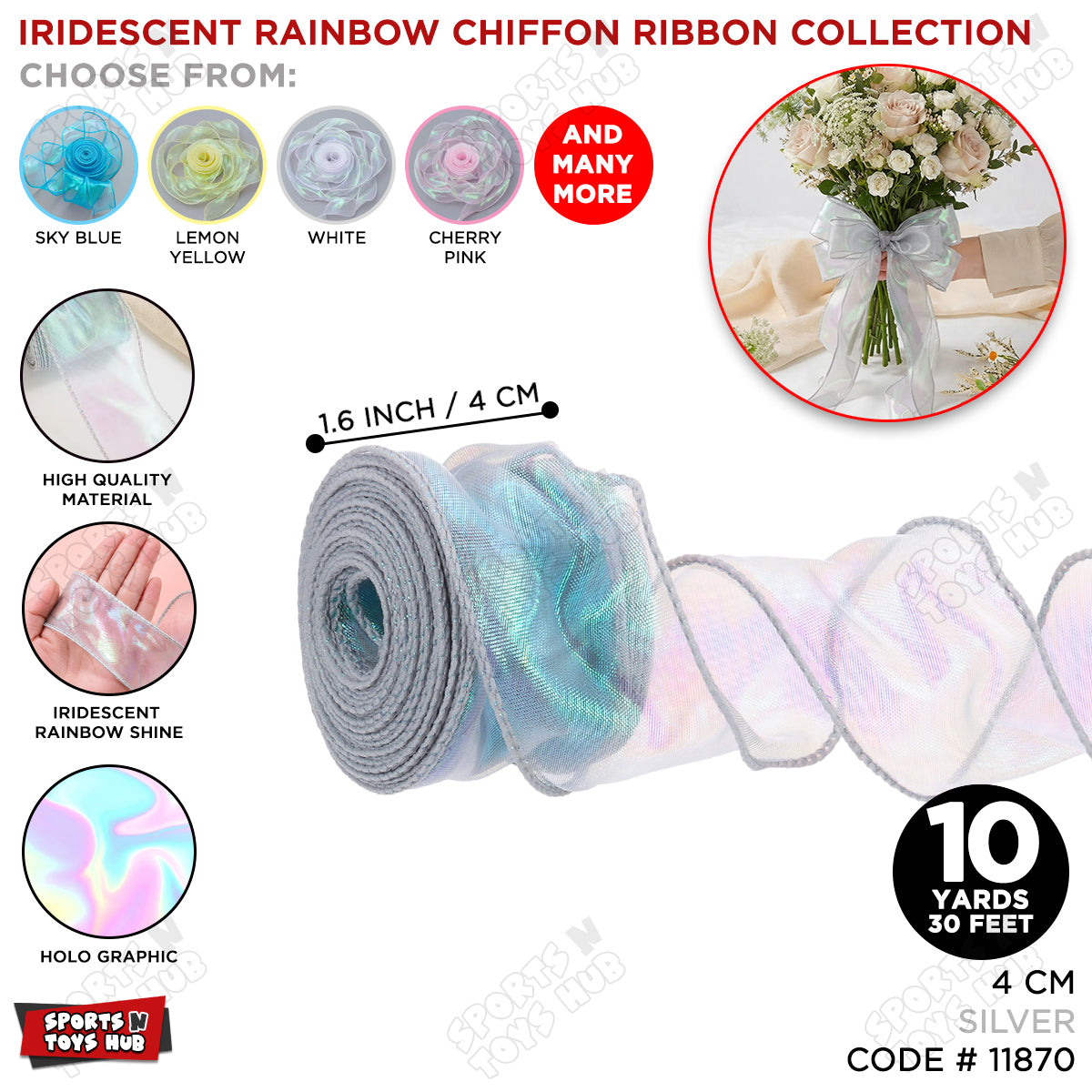Iridescent Rainbow Ribbon – 4CM x 10 Yards Shimmering Holographic Decorative Ribbon for Gift Wrapping, Birthday Party Decorations, Wedding Decor, Floral Bouquets, DIY Crafts & Event Supplies