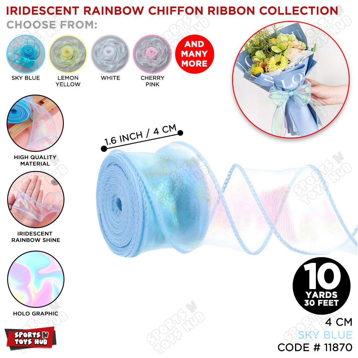 Iridescent Rainbow Ribbon – 4CM x 10 Yards Shimmering Holographic Decorative Ribbon for Gift Wrapping, Birthday Party Decorations, Wedding Decor, Floral Bouquets, DIY Crafts & Event Supplies