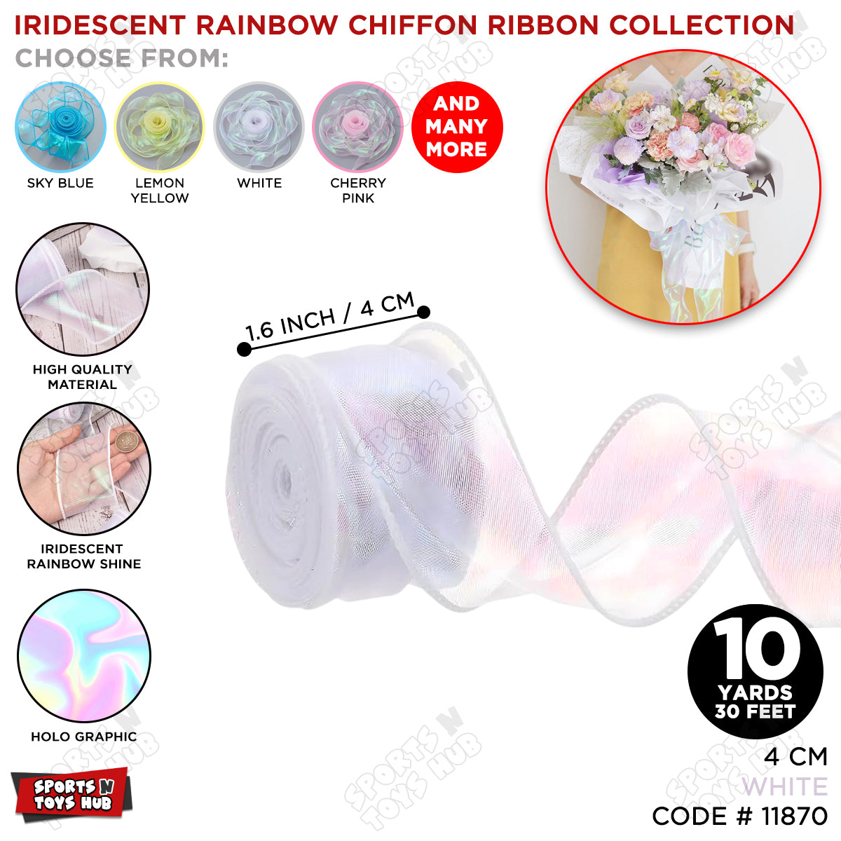 Iridescent Rainbow Ribbon – 4CM x 10 Yards Shimmering Holographic Decorative Ribbon for Gift Wrapping, Birthday Party Decorations, Wedding Decor, Floral Bouquets, DIY Crafts & Event Supplies