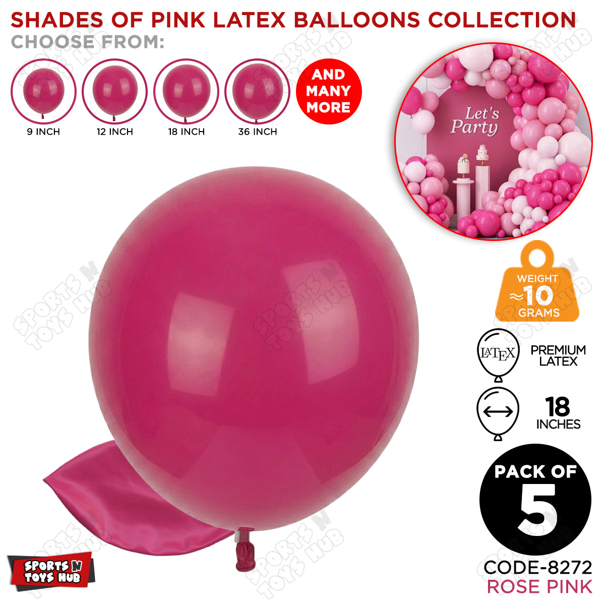 Rose Pink Latex Balloons Available In 9, 12, 18 & 36 Inch Sizes