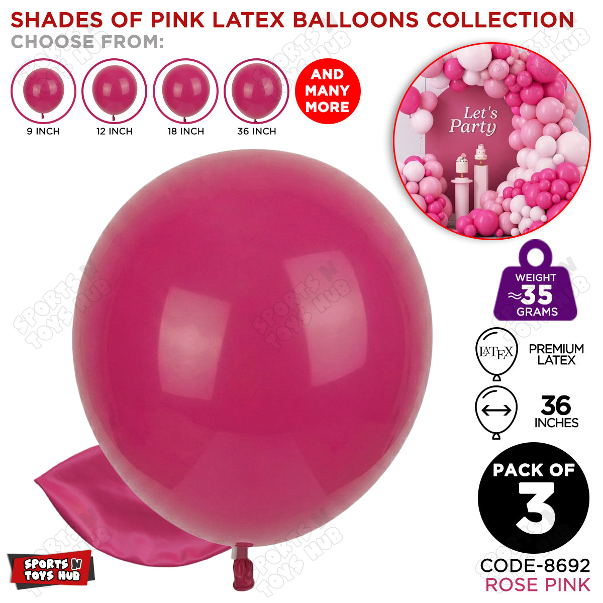 Rose Pink Latex Balloons Available In 9, 12, 18 & 36 Inch Sizes