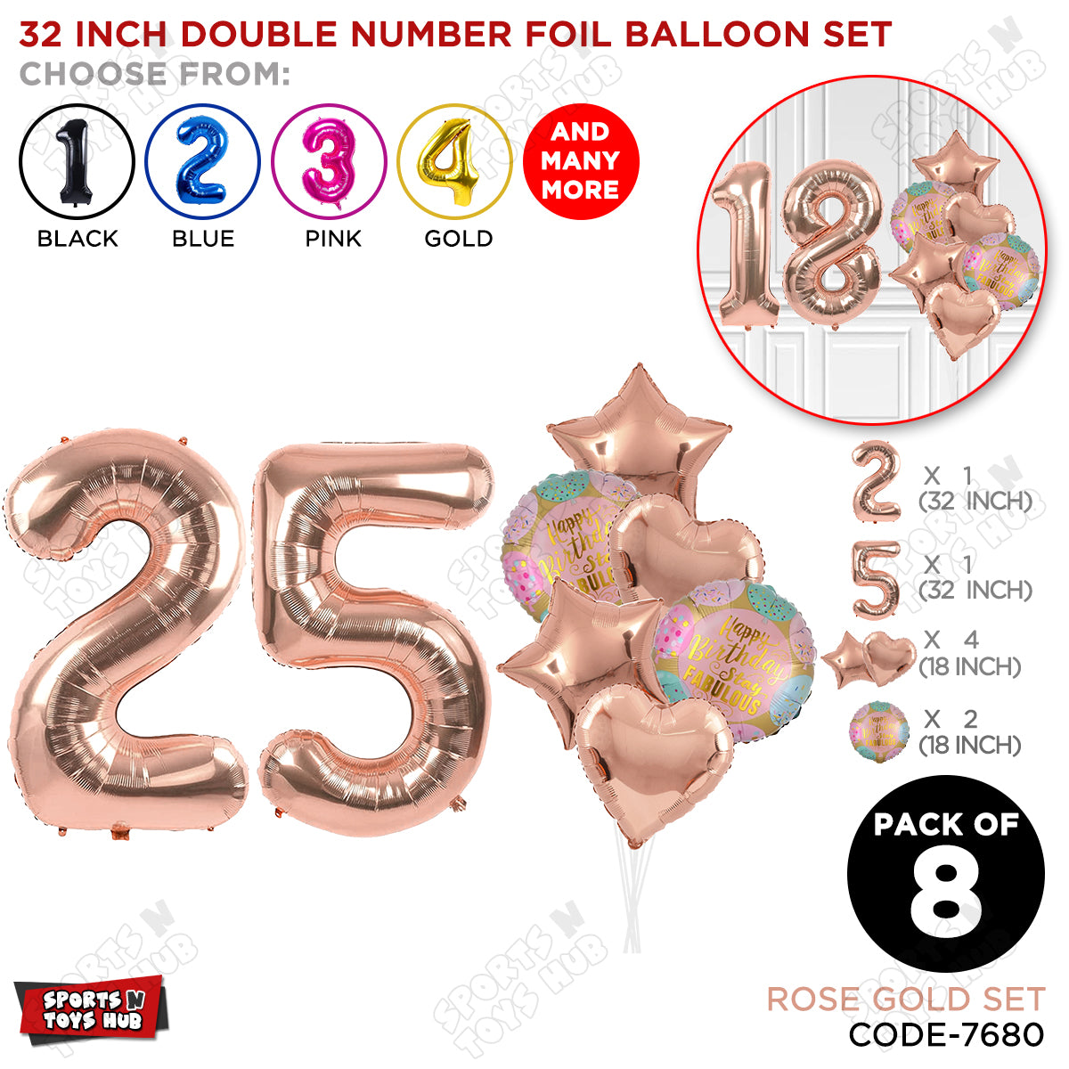 32 Inch Rose Gold Color Number Foil Balloon With Round Printed Balloon Set