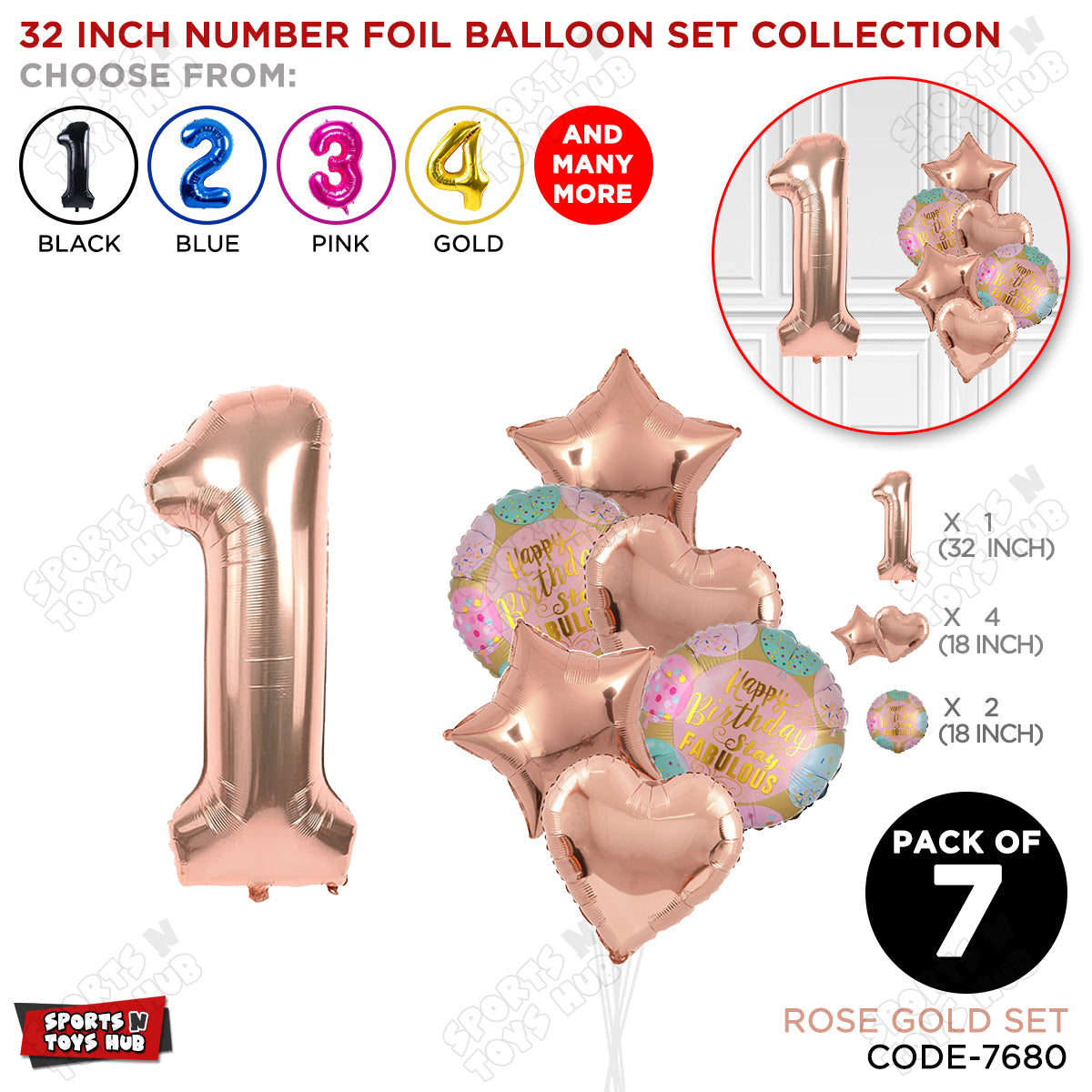 32 Inch Rose Gold Color Number Foil Balloon With Round Printed Balloon Set