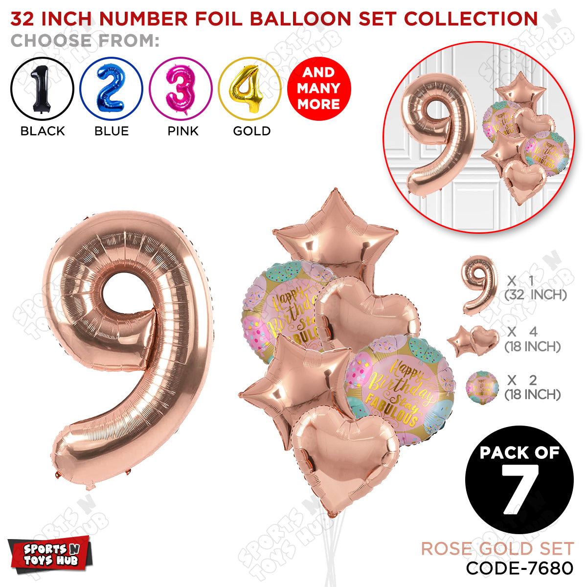 32 Inch Rose Gold Color Number Foil Balloon With Round Printed Balloon Set