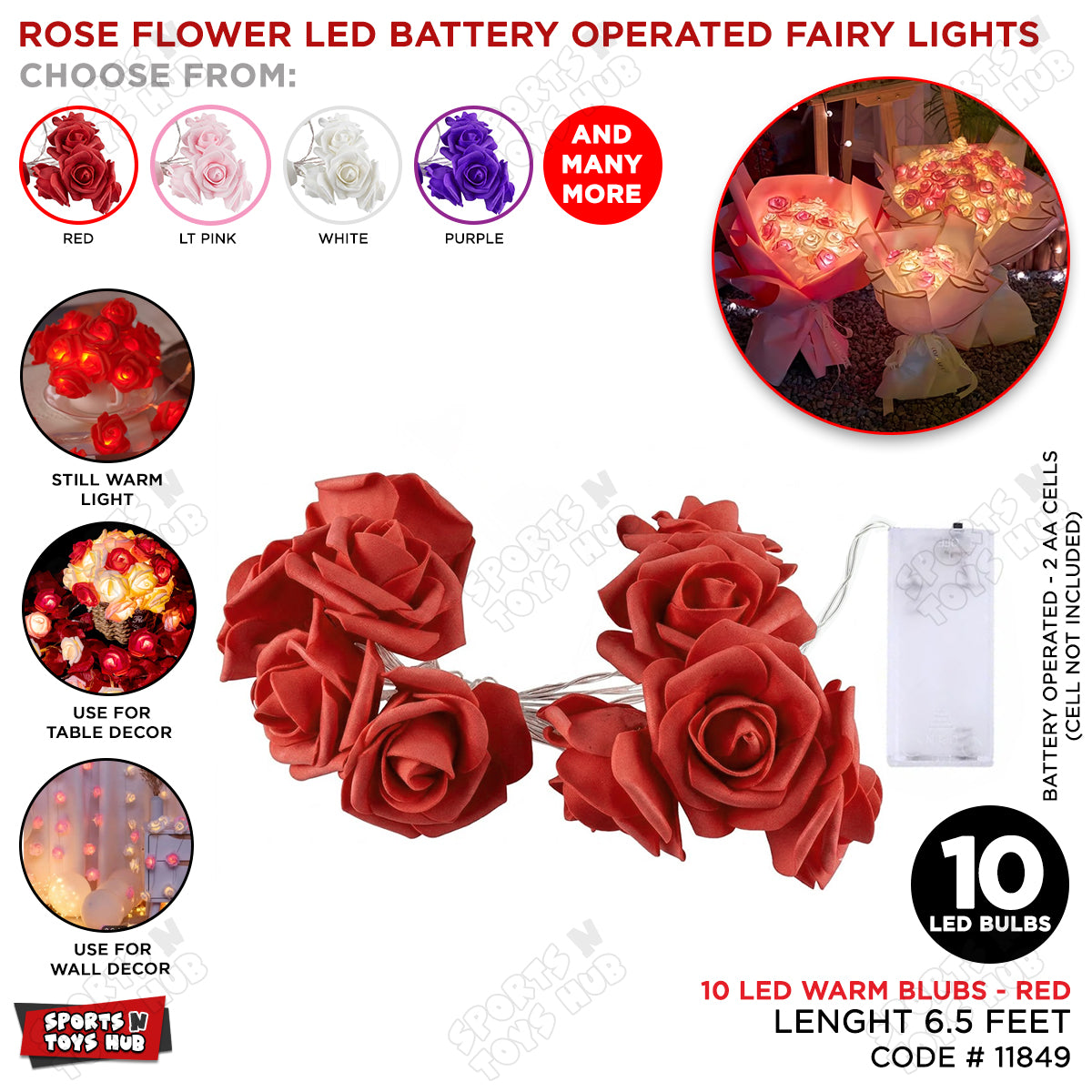 Rose Flower LED Battery Operated Fairy Lights - 6.5 FT