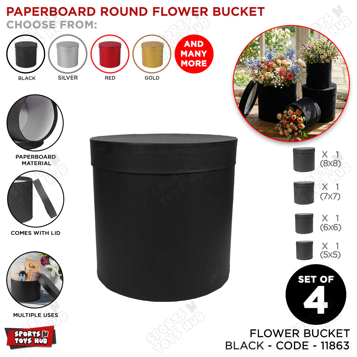 Set of 3 & 4 Round Cardboard Boxes with Lids – 5, 6, 7 & 8 Inch Size Box Ideal for Flowers, Balloons, Money Bouquets & Stylish Gift Wrapping