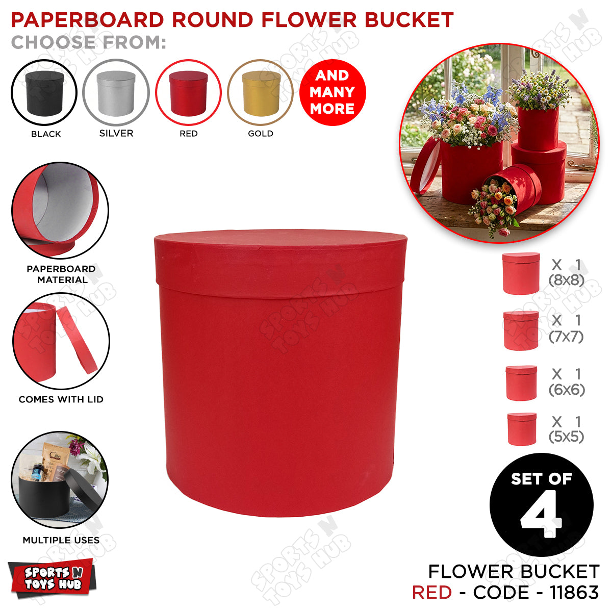 Set of 3 & 4 Round Cardboard Boxes with Lids – 5, 6, 7 & 8 Inch Size Box Ideal for Flowers, Balloons, Money Bouquets & Stylish Gift Wrapping
