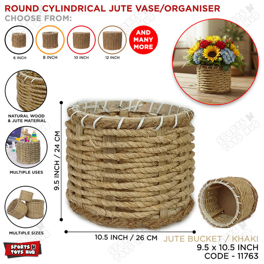 Round Cylindrical Jute Vase Bucket – Natural Wood & Jute Rope Woven Storage Basket