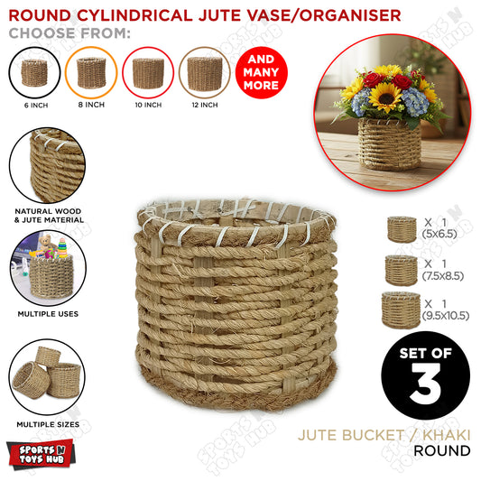Round Cylindrical Jute Vase Bucket – Natural Wood & Jute Rope Woven Storage Basket Set Of 3 - Combo Pack