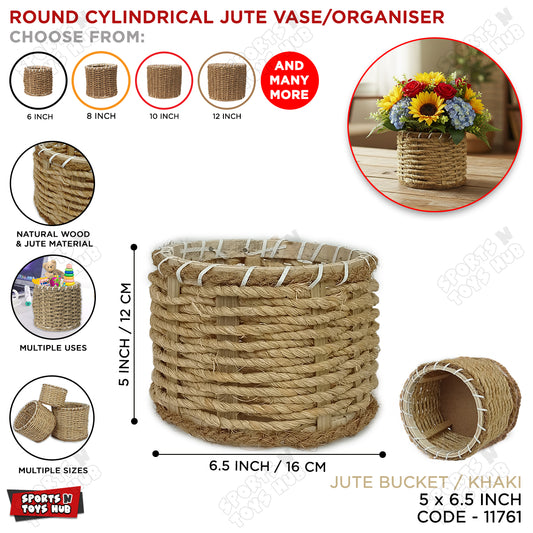 Round Cylindrical Jute Vase Bucket – Natural Wood & Jute Rope Woven Storage Basket