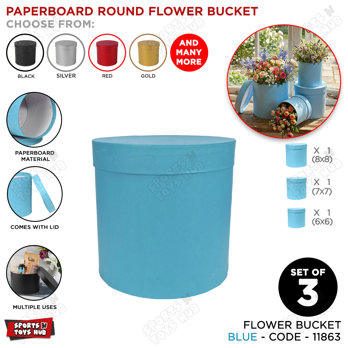 Set of 3 & 4 Round Cardboard Boxes with Lids – 5, 6, 7 & 8 Inch Size Box Ideal for Flowers, Balloons, Money Bouquets & Stylish Gift Wrapping