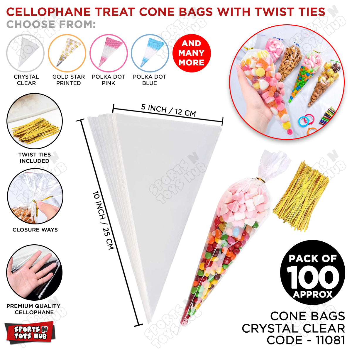 Transparent Cellophane Cone Sweets Treat Bags With Gold Twist Ties for Nikkah Bid, Birthday Favours
