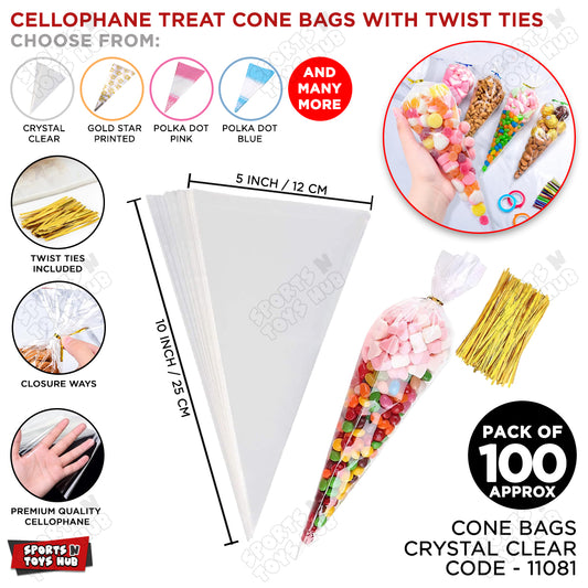 Transparent Cellophane Cone Sweets Treat Bags With Gold Twist Ties for Nikkah Bid, Birthday Favours