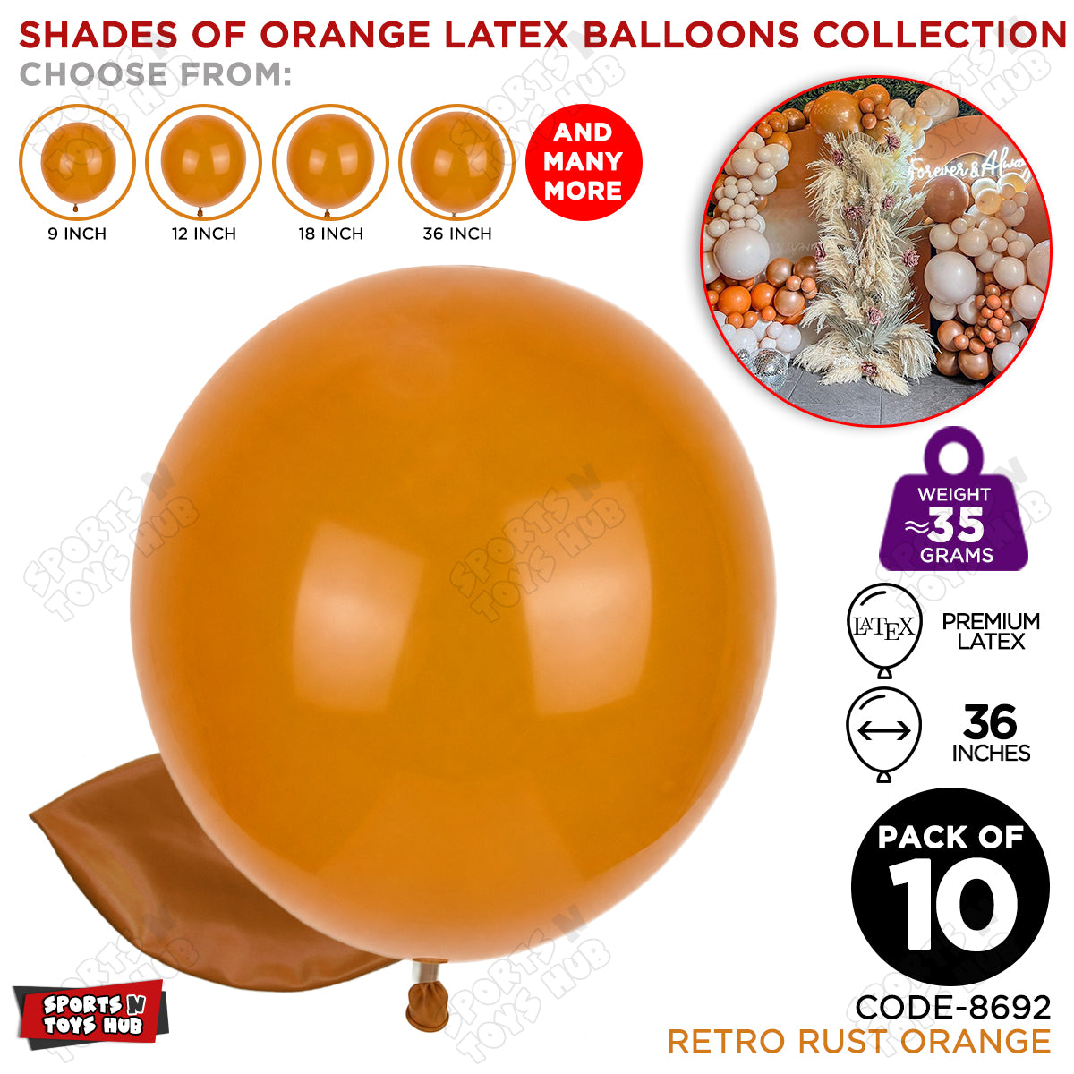Rust Orange Latex Balloons Available In 9, 12, 18 & 36 Inch Sizes