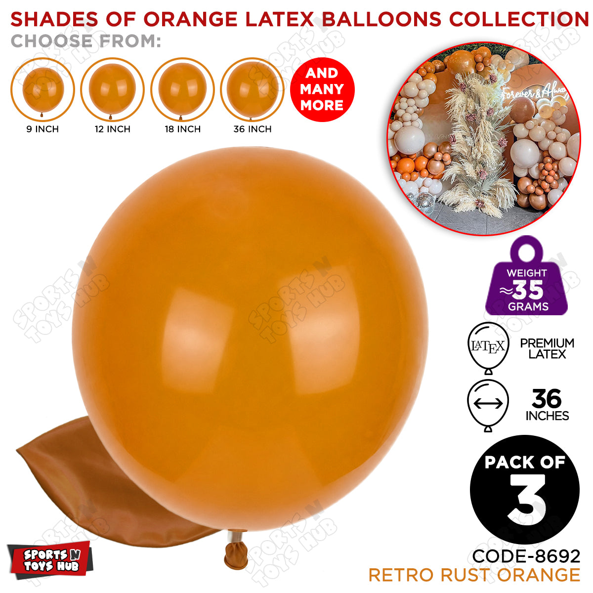 Rust Orange Latex Balloons Available In 9, 12, 18 & 36 Inch Sizes
