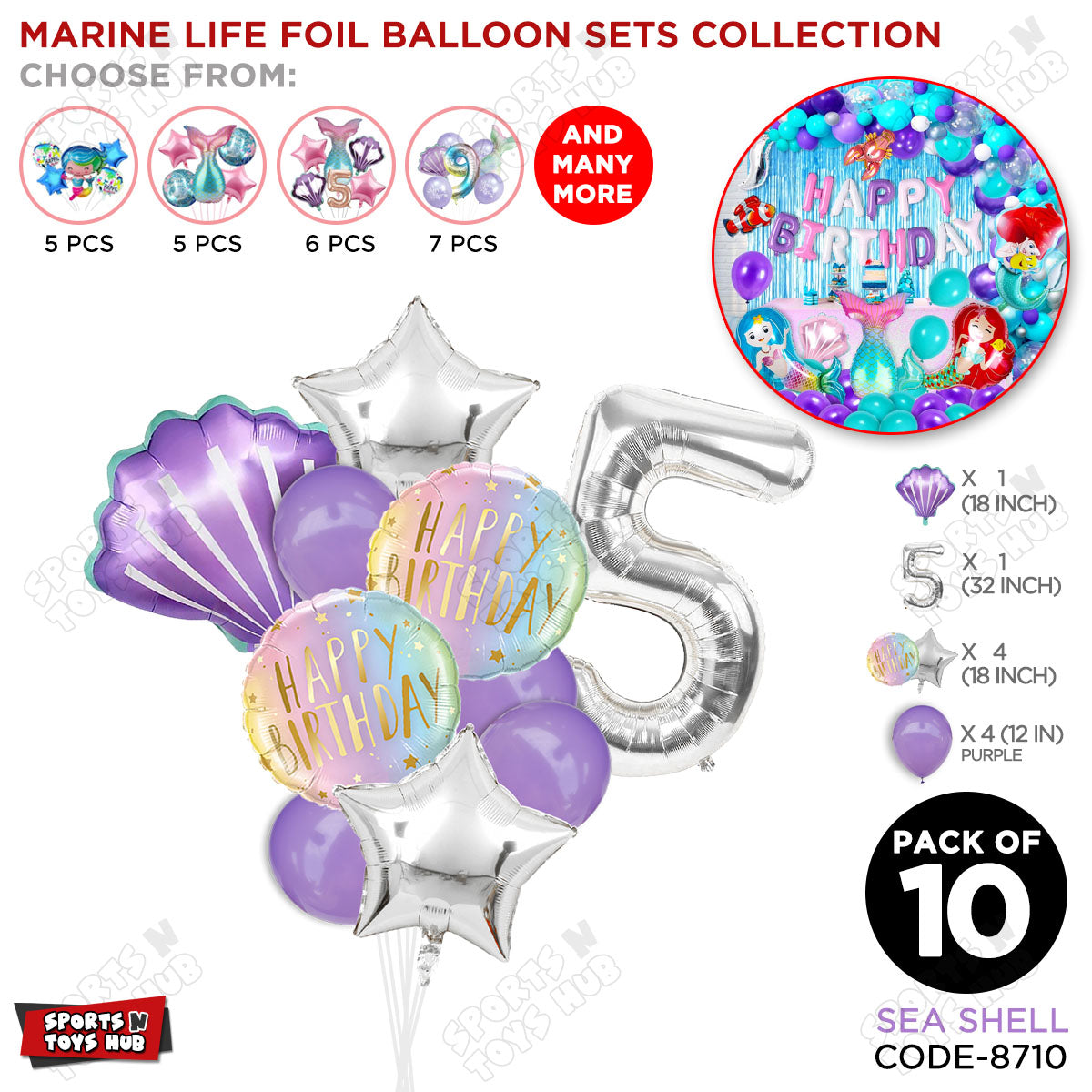 Sea Shell Foil Balloon Pack Of 10 Set With 32 Inch Foil Number Balloons