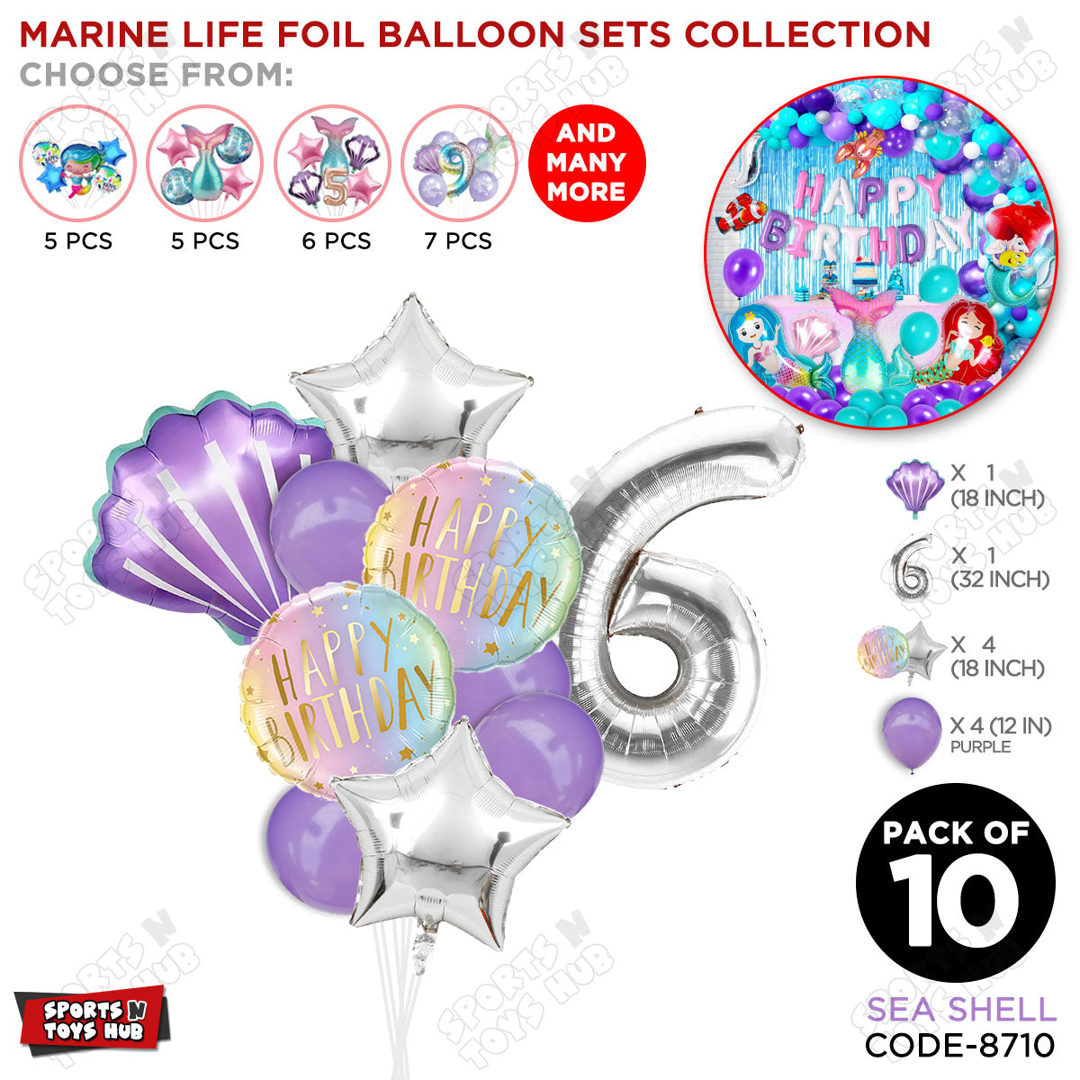 Sea Shell Foil Balloon Pack Of 10 Set With 32 Inch Foil Number Balloons