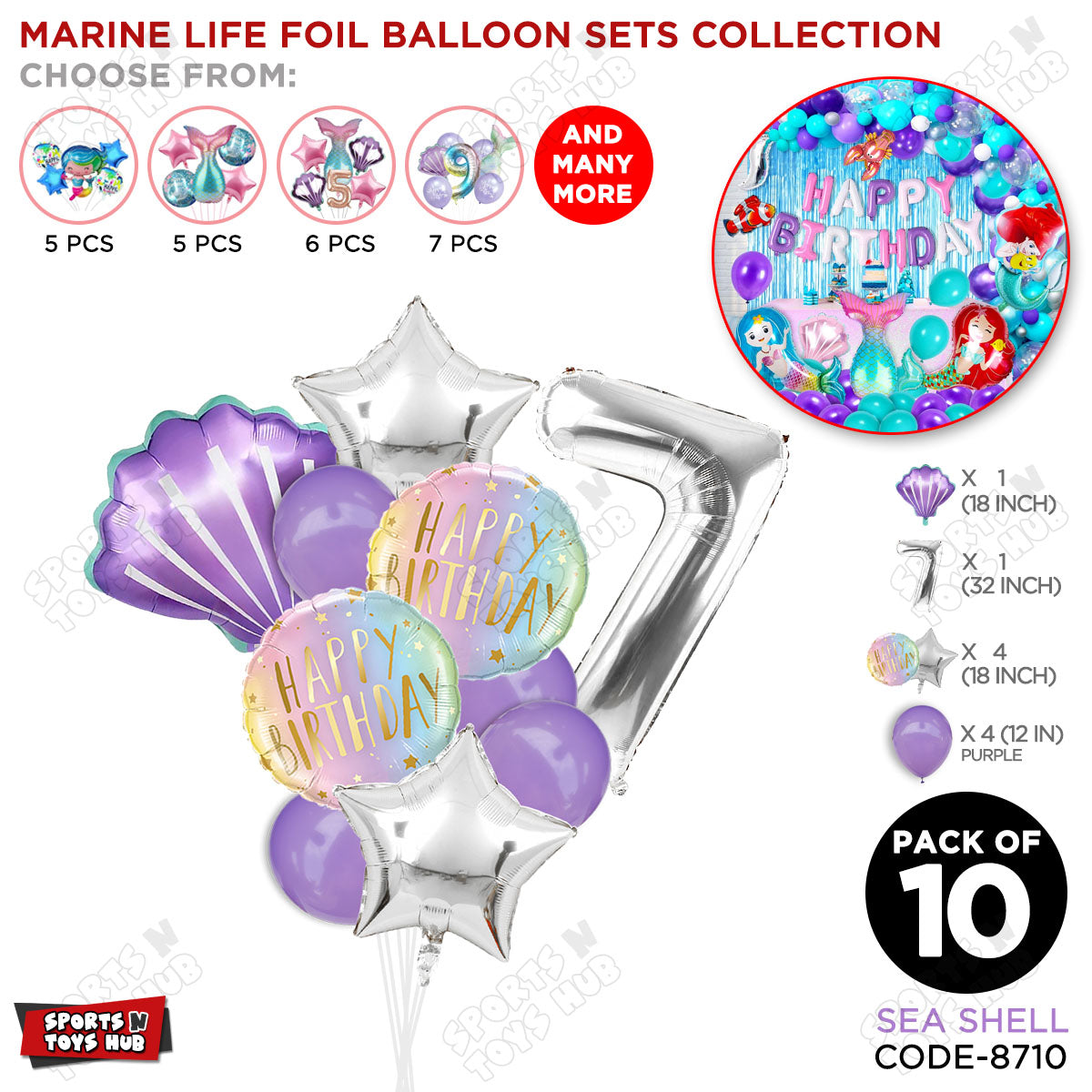 Sea Shell Foil Balloon Pack Of 10 Set With 32 Inch Foil Number Balloons