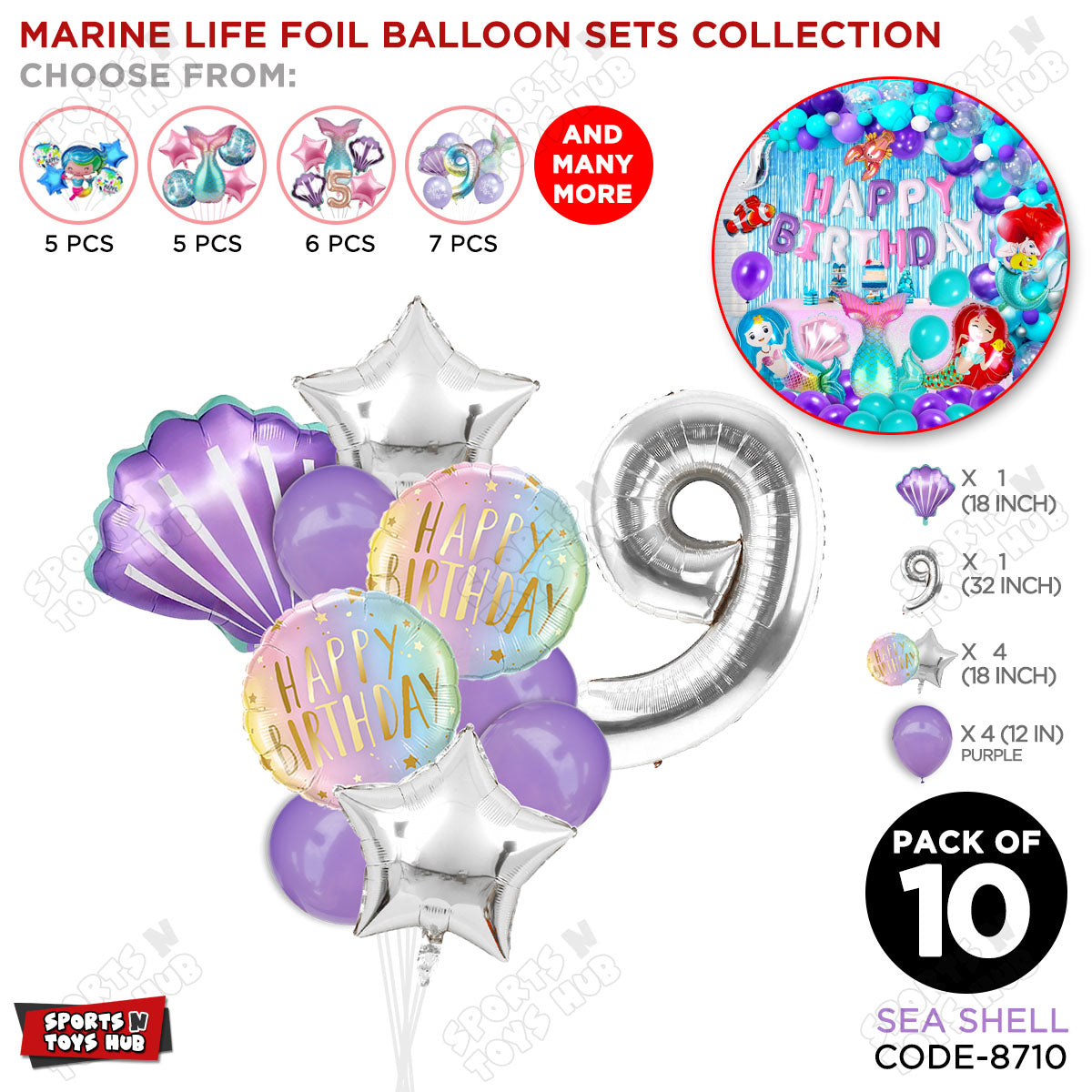Sea Shell Foil Balloon Pack Of 10 Set With 32 Inch Foil Number Balloons