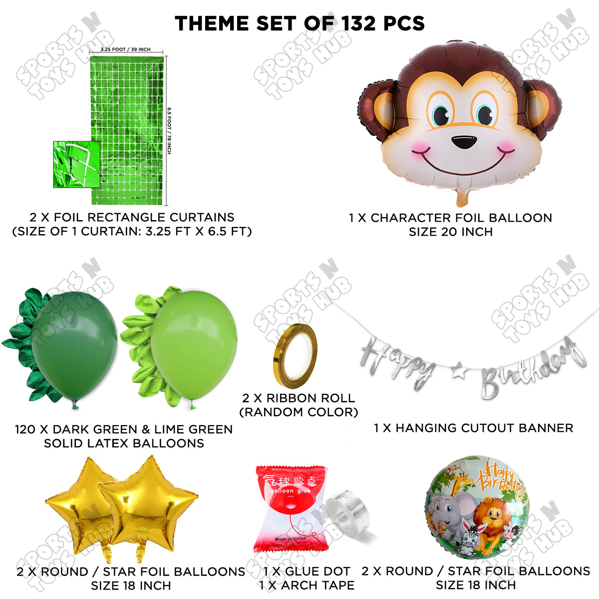 Jungle Safari Monkey Face Foil Balloon Set With Happy Birthday Cursive Card Banner Arch Theme