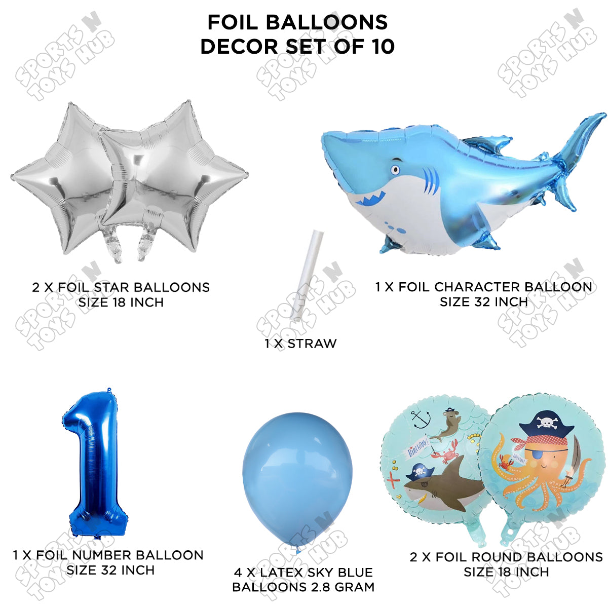 Shark Foil Balloon Pack Of 10 Set With 32 Inch Foil Number Balloons