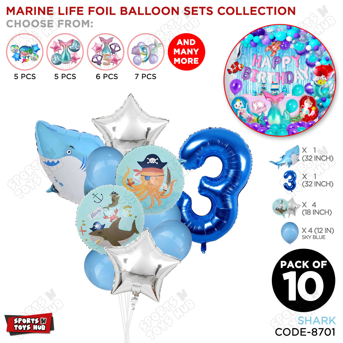 Shark Foil Balloon Pack Of 10 Set With 32 Inch Foil Number Balloons