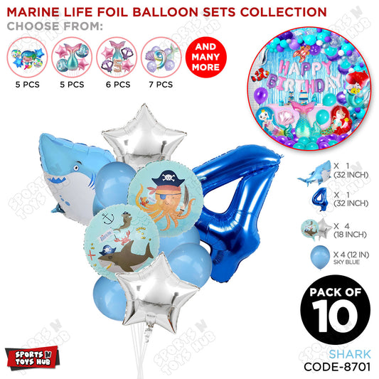 Shark Foil Balloon Pack Of 10 Set With 32 Inch Foil Number Balloons