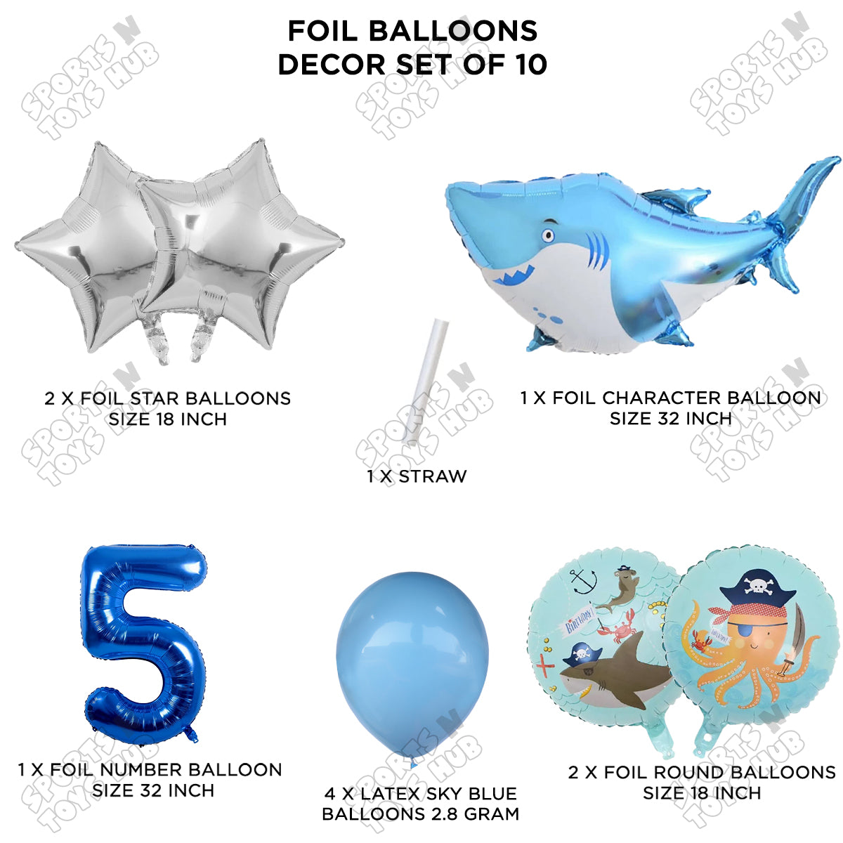 Shark Foil Balloon Pack Of 10 Set With 32 Inch Foil Number Balloons