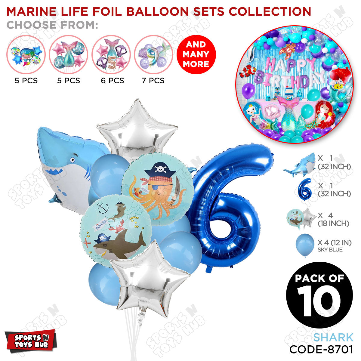 Shark Foil Balloon Pack Of 10 Set With 32 Inch Foil Number Balloons