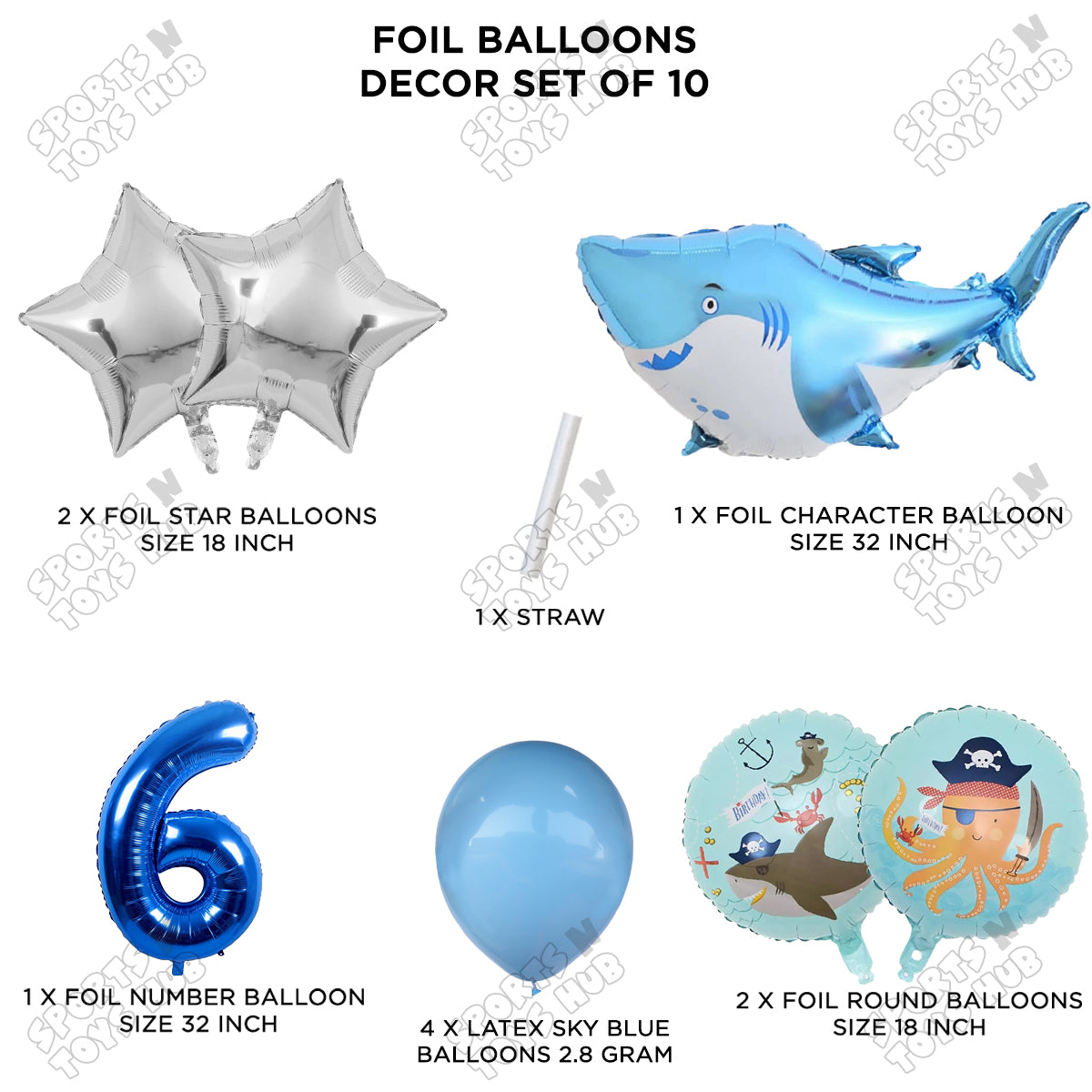 Shark Foil Balloon Pack Of 10 Set With 32 Inch Foil Number Balloons