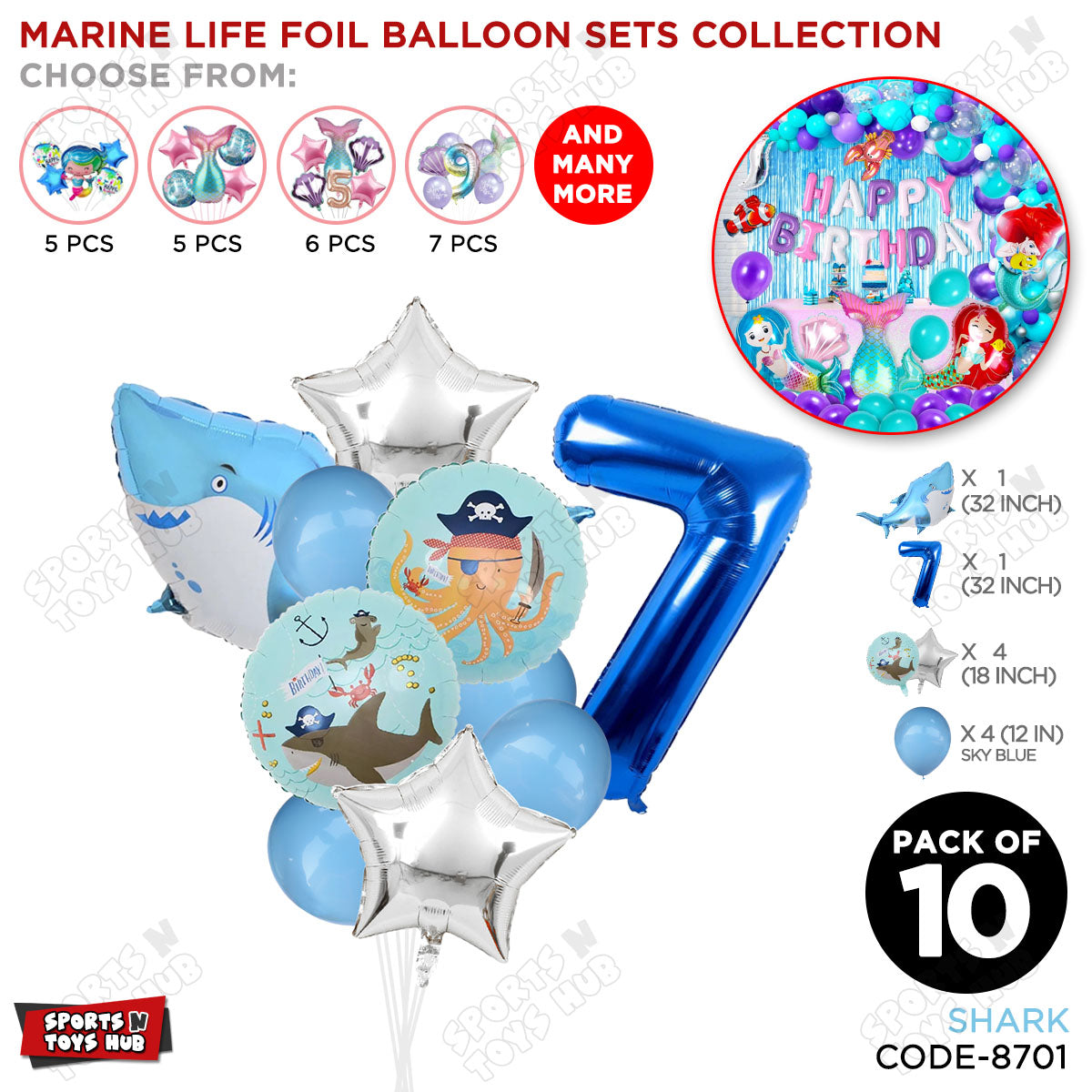Shark Foil Balloon Pack Of 10 Set With 32 Inch Foil Number Balloons