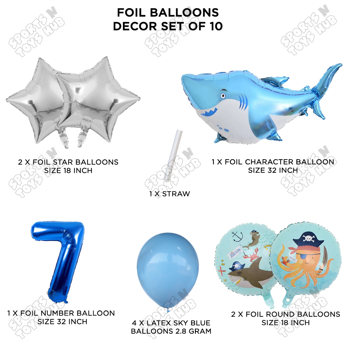 Shark Foil Balloon Pack Of 10 Set With 32 Inch Foil Number Balloons