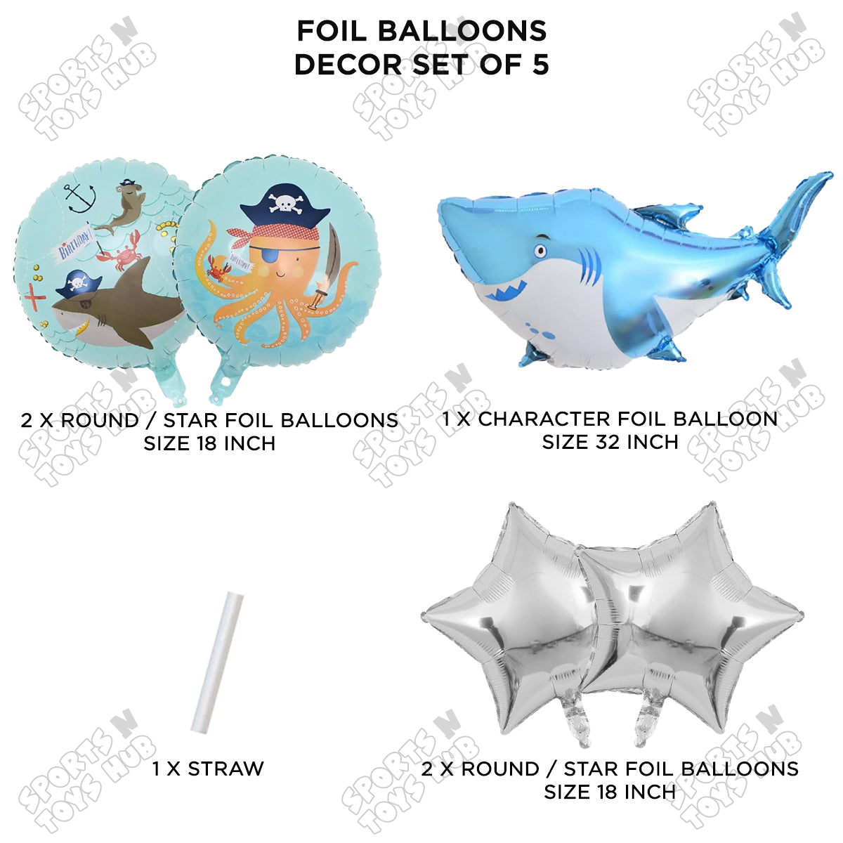 Shark Pack Of 5 Foil Balloon Set
