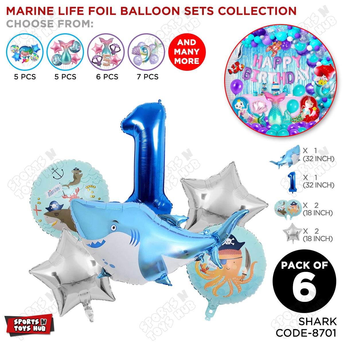 Shark Foil Balloon Pack Of 6 Set With 32 Inch Foil Number Balloons