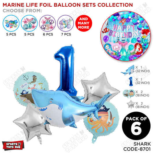 Shark Foil Balloon Pack Of 6 Set With 32 Inch Foil Number Balloons