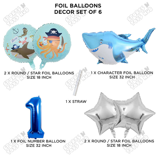 Shark Foil Balloon Pack Of 6 Set With 32 Inch Foil Number Balloons