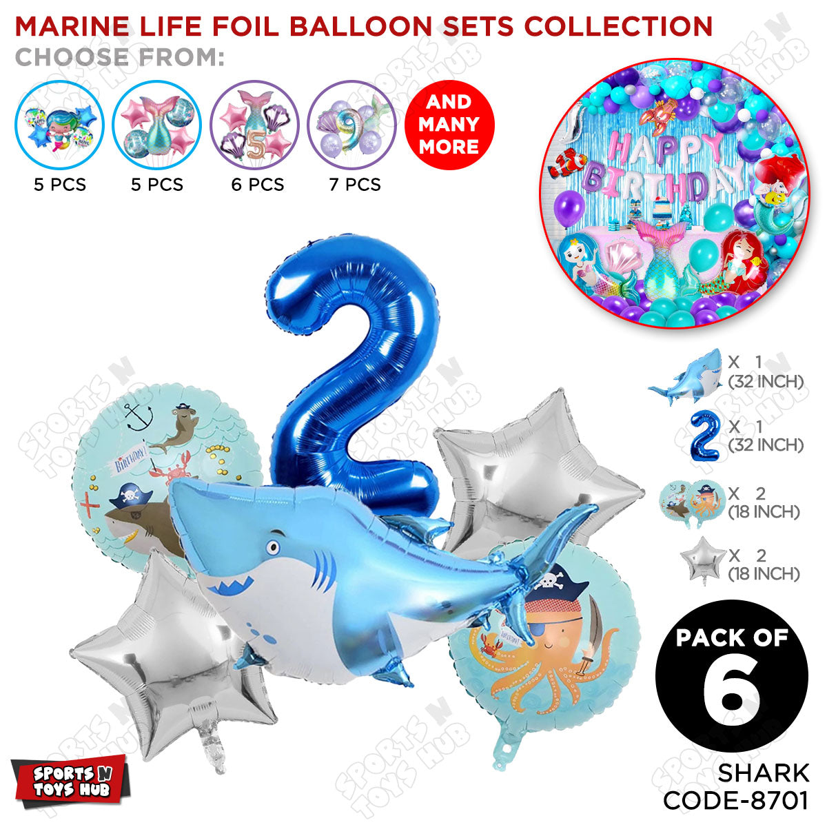 Shark Foil Balloon Pack Of 6 Set With 32 Inch Foil Number Balloons