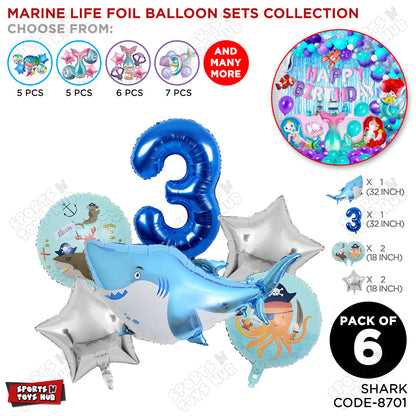 Shark Foil Balloon Pack Of 6 Set With 32 Inch Foil Number Balloons