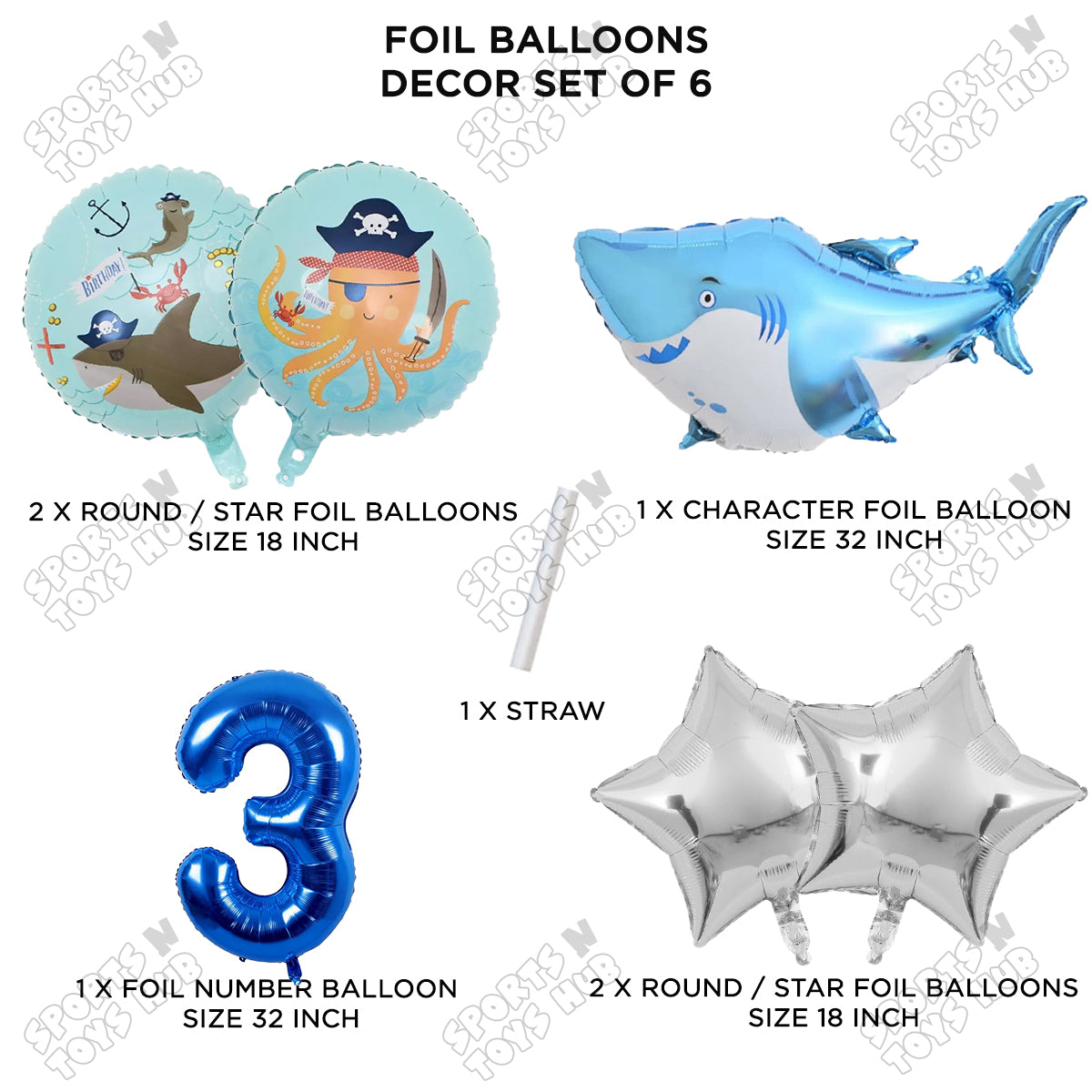 Shark Foil Balloon Pack Of 6 Set With 32 Inch Foil Number Balloons